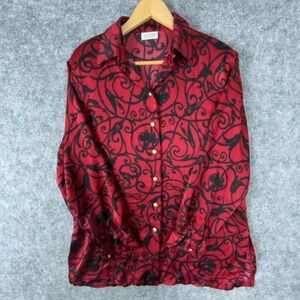 Basler Blouse Womens 14 Red Black Scroll Filigree Button Up Office Siren